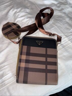 Source Unknown Taupe and Dark Brown Plaid Crossbody Messenger Bag